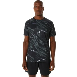Suminagashi-motief print top met korte mouwen “Black”