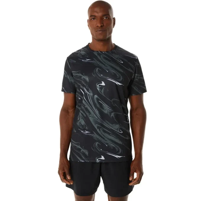 Suminagashi-motief print top met korte mouwen “Black”